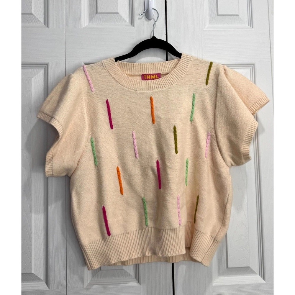 THML Knitted Sweater Women Large Beige Embroidered Crewneck Short Sleeve Classic - Picture 1 of 10
